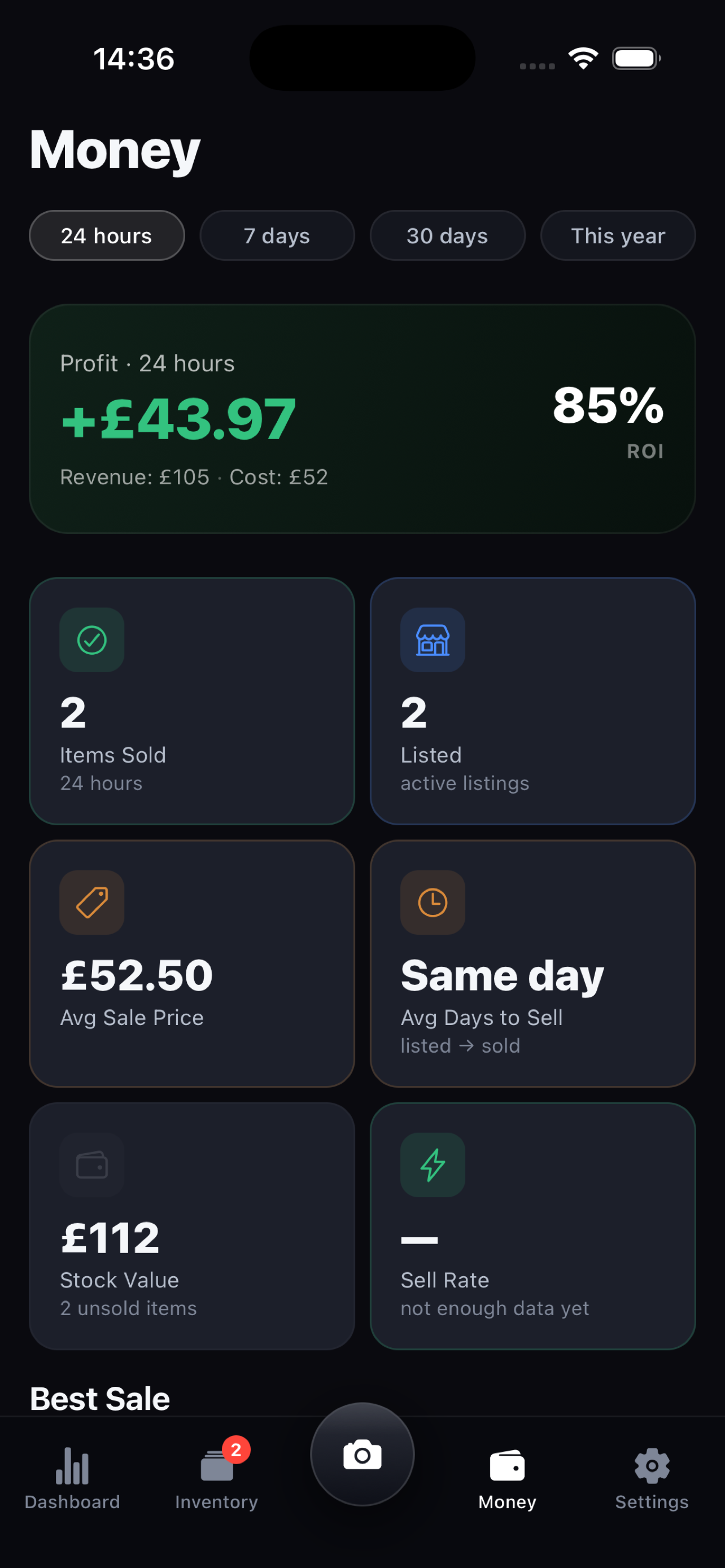 FlipStack money and analytics dashboard